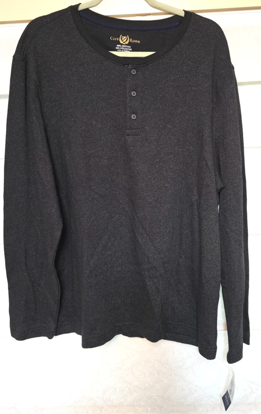 Club Room Henley Shirt Mens XXL Black Herringbone Long Sleeve Cotton Blend NEW